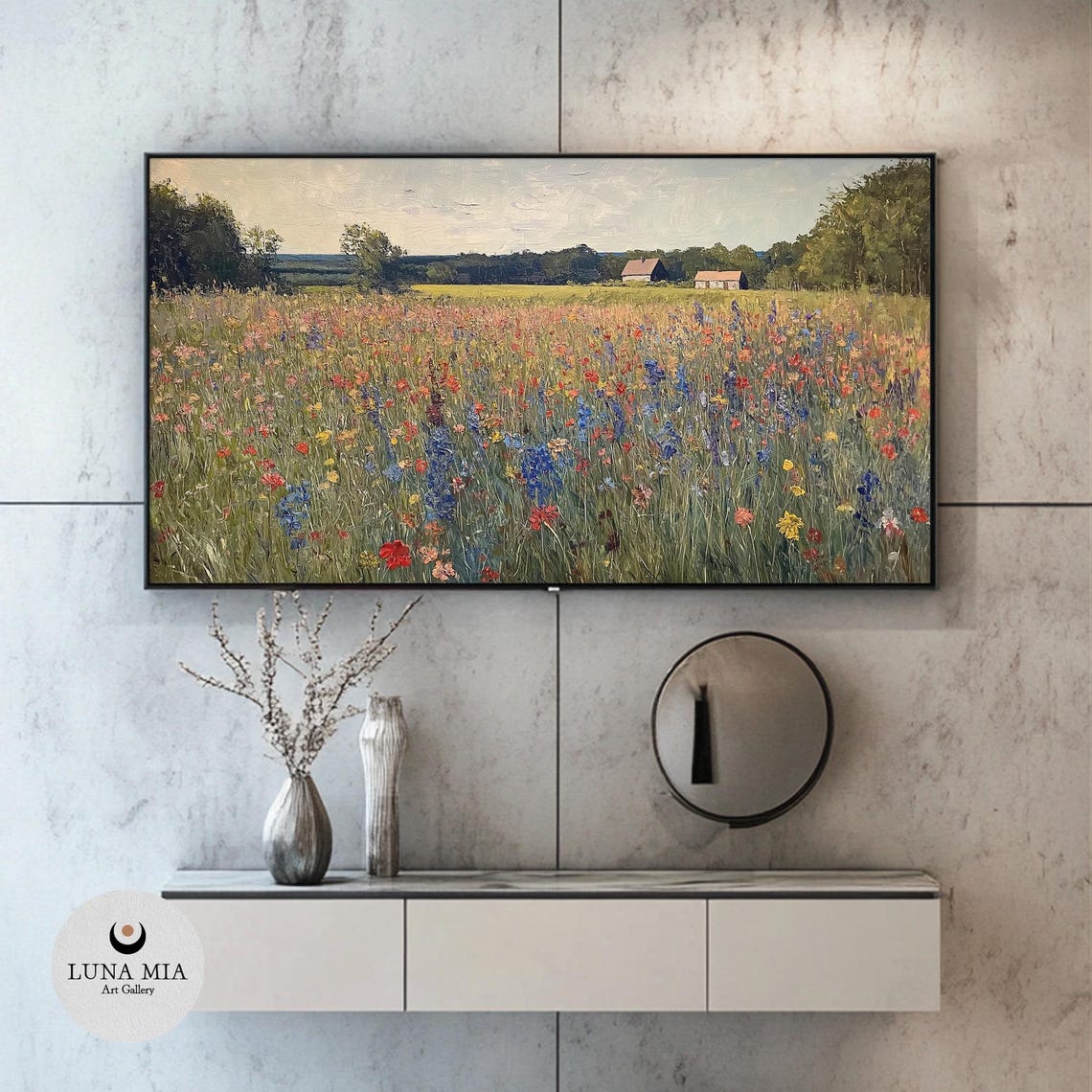 Impressionist Wildflower Meadow With Distant Barns And Soft Sky Poster - Image 2