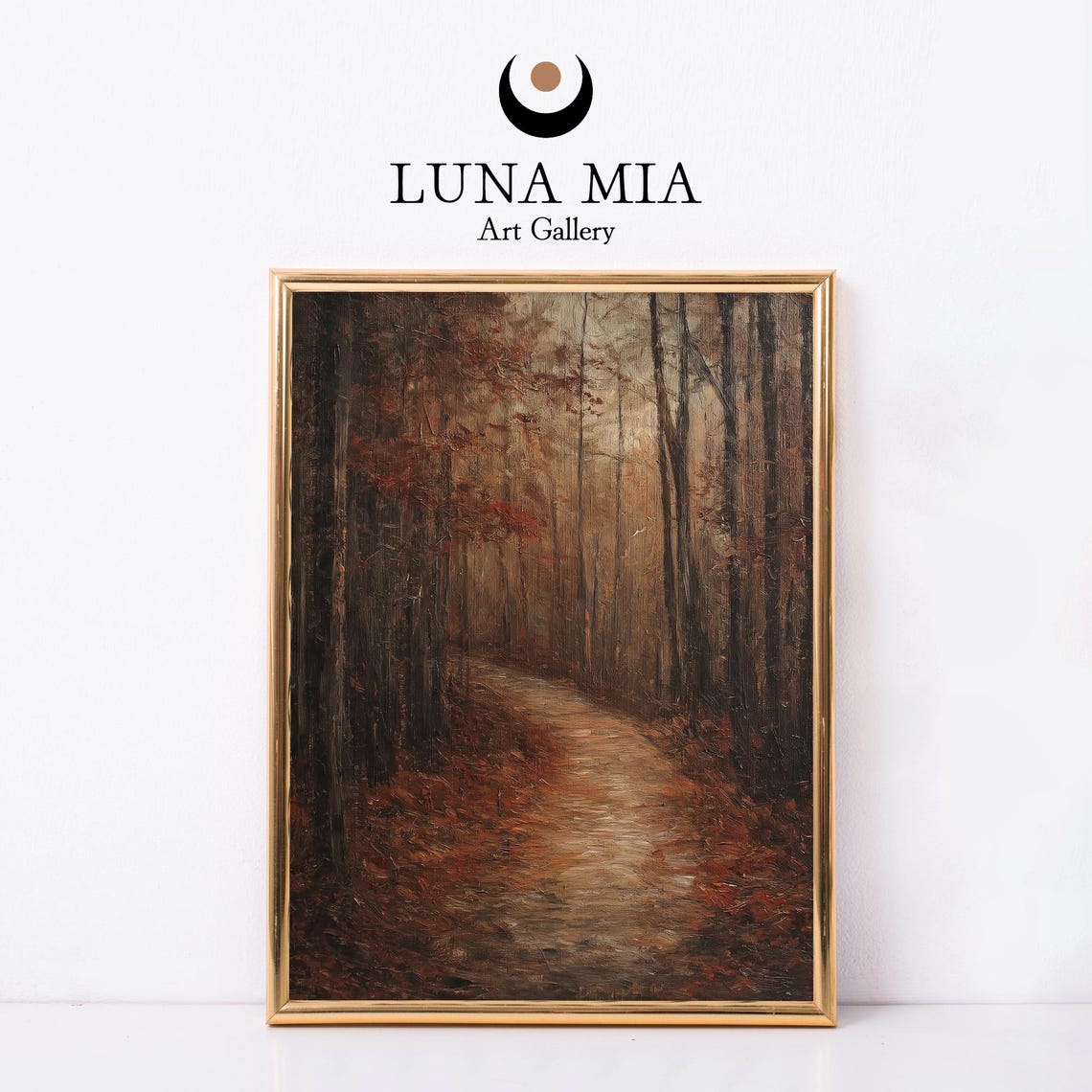 Moody Dark Autumn Forest Path Falling Leaves Oil Painting Poster