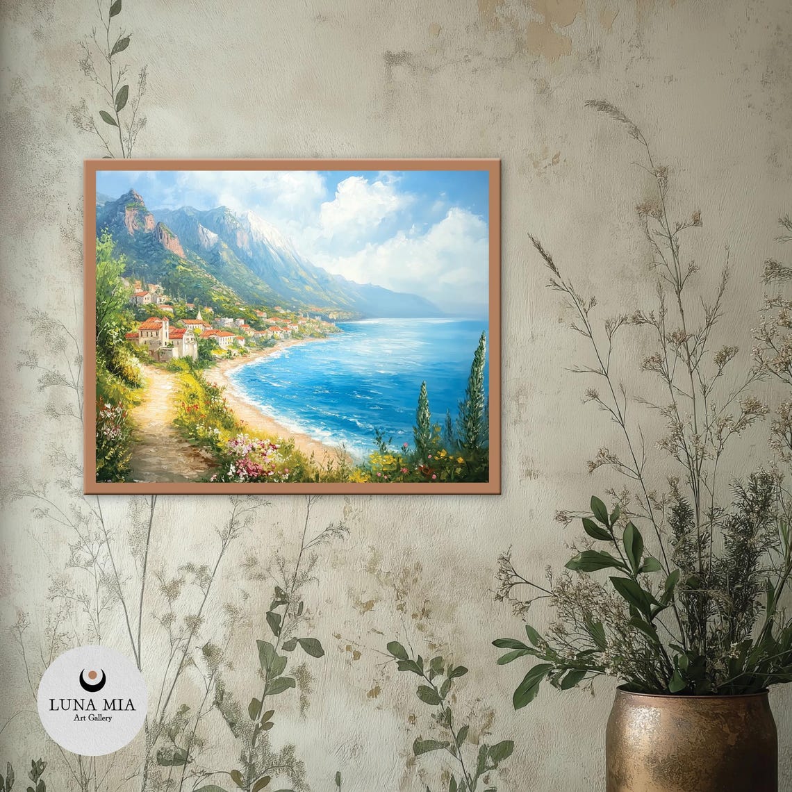 Seaside Village With Mountains Blue Water And Wildflower Path Poster - Image 2