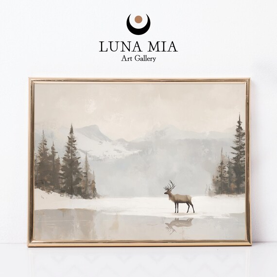 Lone Elk On A Frozen Lake With Snowy Mountains Winter Painting Poster