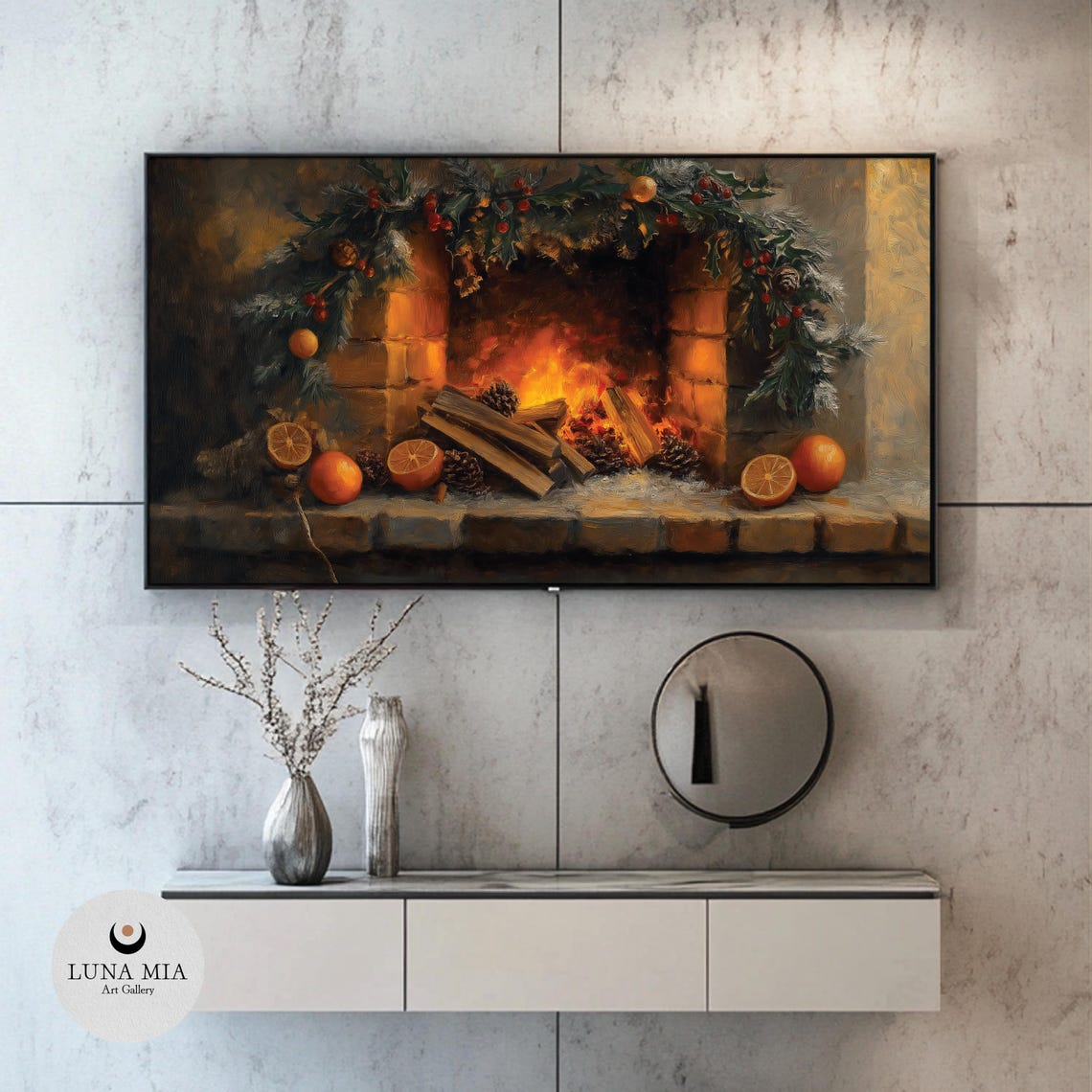 Christmas Fireplace Mantel with Garland and Oranges Holiday Poster - Image 2