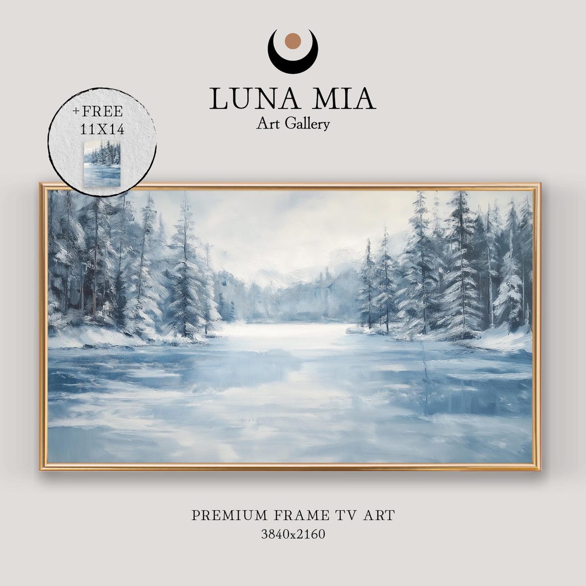 Frozen River in Snowy Pine Forest Blue Gray Winter Landscape Poster