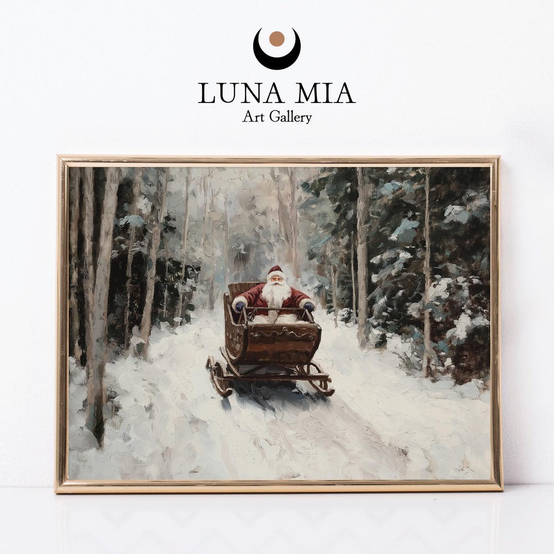 Santa Claus Riding Sleigh Through Snowy Forest Christmas Art Poster