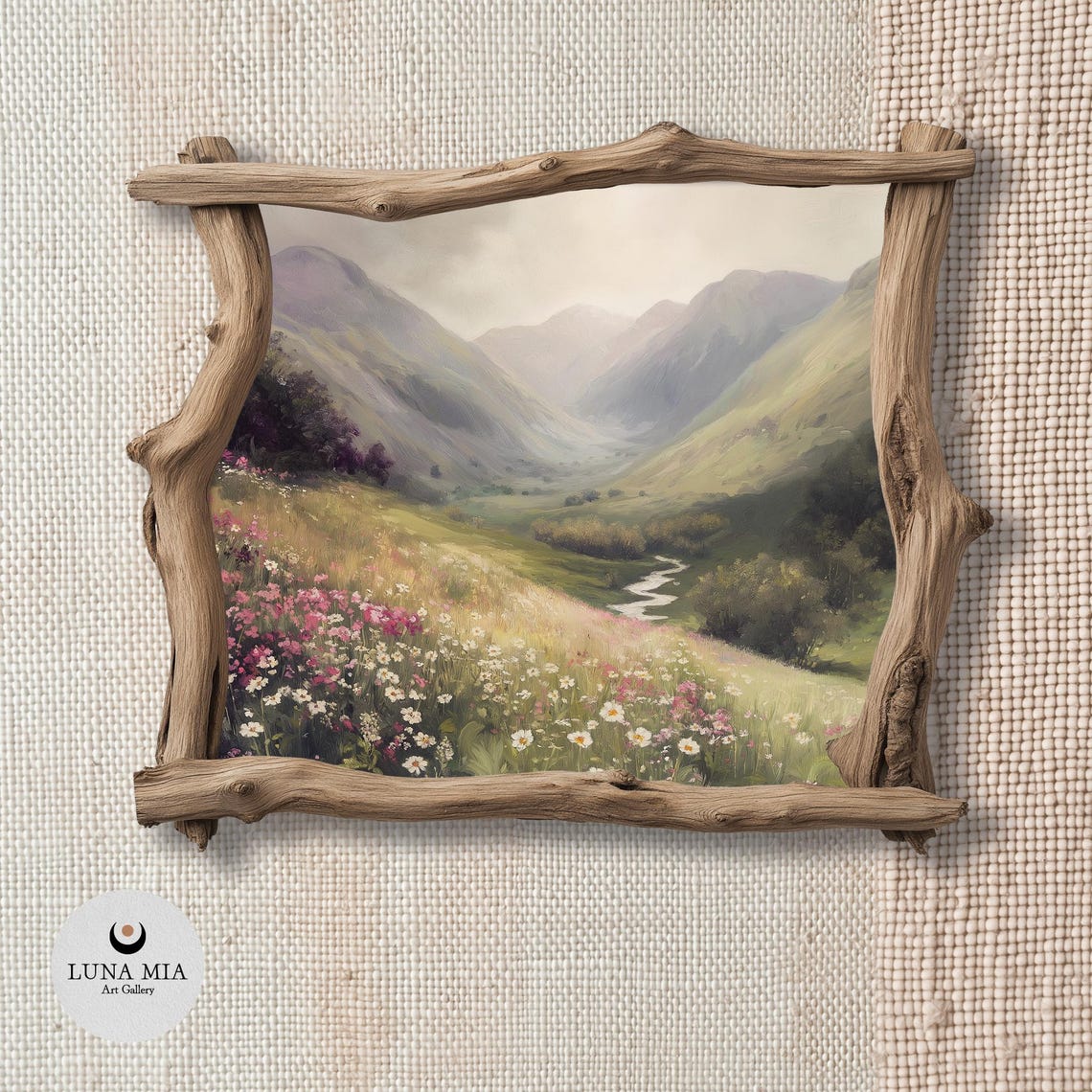 Wildflower Meadow Valley with Mountains Rustic Spring Art Poster - Image 2