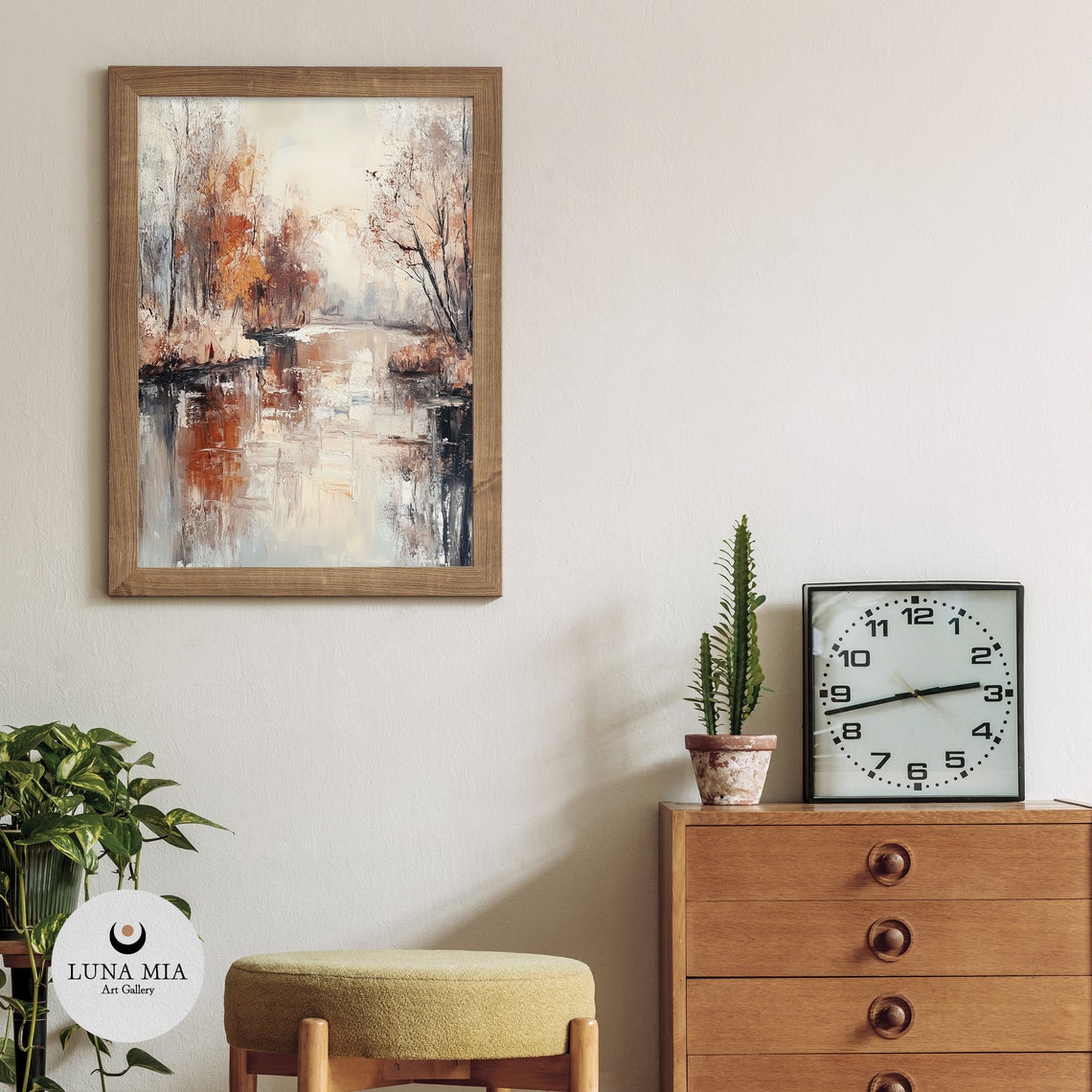 Abstract Autumn Lake Tree Reflections Rust Beige Oil Art Poster - Image 3