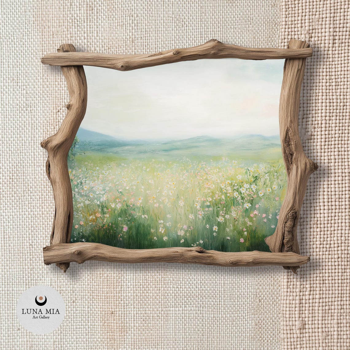 Wildflower Meadow with Distant Mountains Serene Nature Art Poster - Image 2