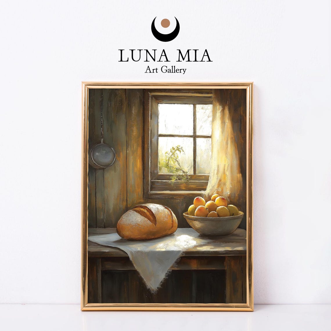 Rustic Kitchen Bread And Fruit Bowl Sunny Window Oil Painting Poster