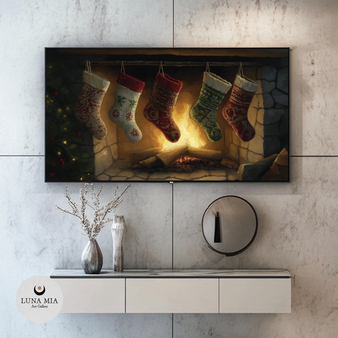 Cozy Christmas Fireplace with Hanging Stockings Warm Holiday Poster - Image 2