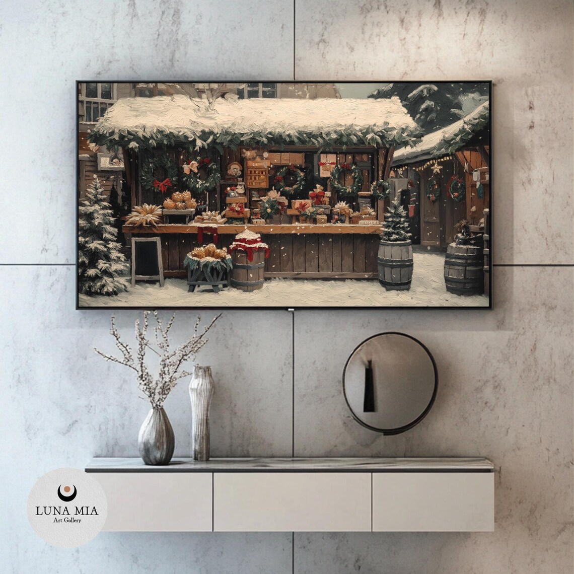 Cozy Christmas Market Stall With Wreaths And Gifts In The Snow Poster - Image 2