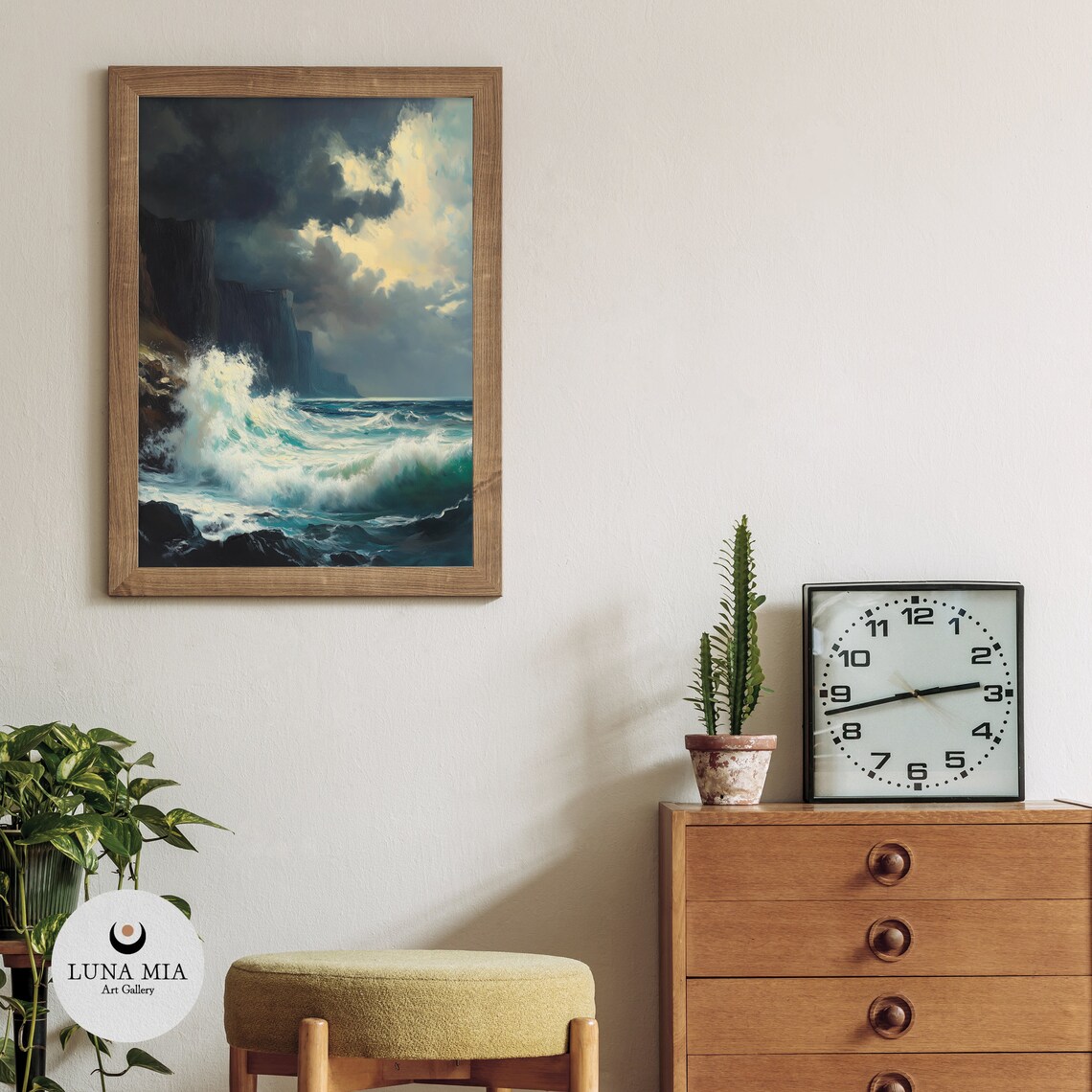 Stormy Sea Waves Crashing On Rocky Cliffs Dramatic Oil Painting Poster - Image 3