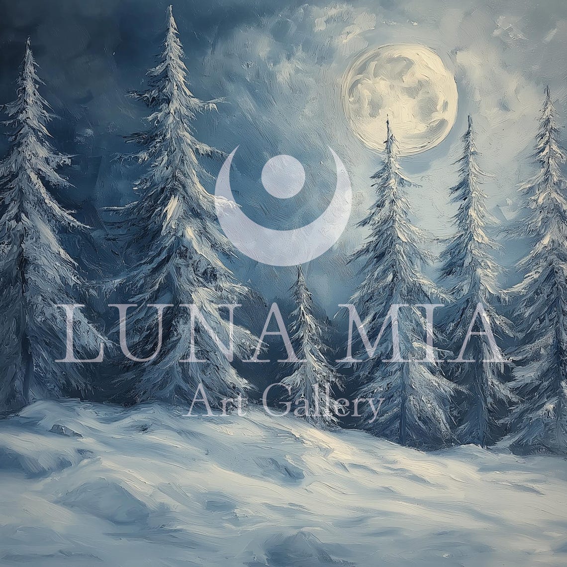 Full Moon Over Snowy Pine Forest Blue Night Winter Landscape Poster - Image 5