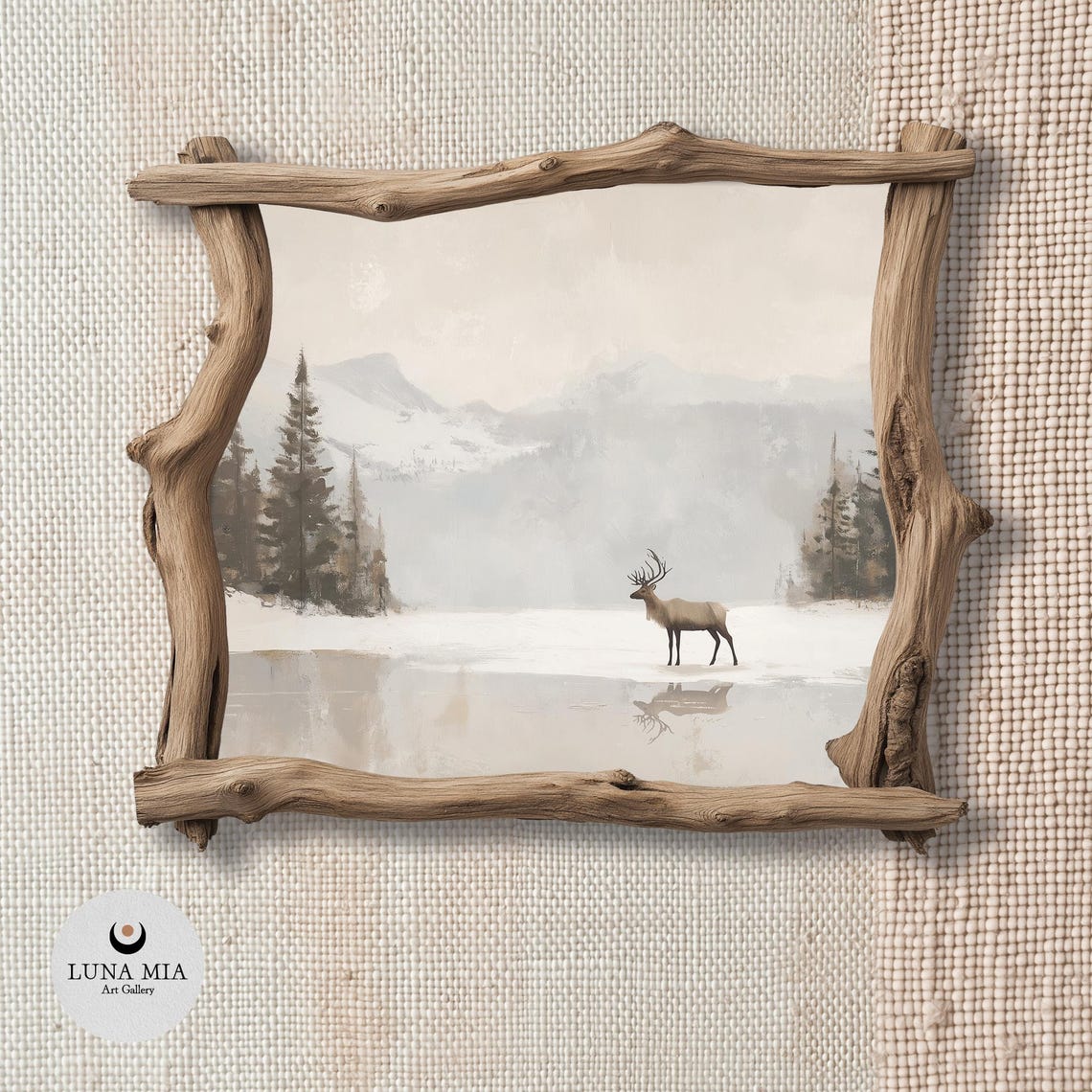 Lone Elk On A Frozen Lake With Snowy Mountains Winter Painting Poster - Image 2