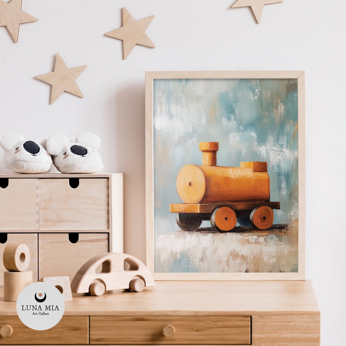 Vintage Wooden Toy Train Blue Nursery Oil Painting Art Poster - Image 5