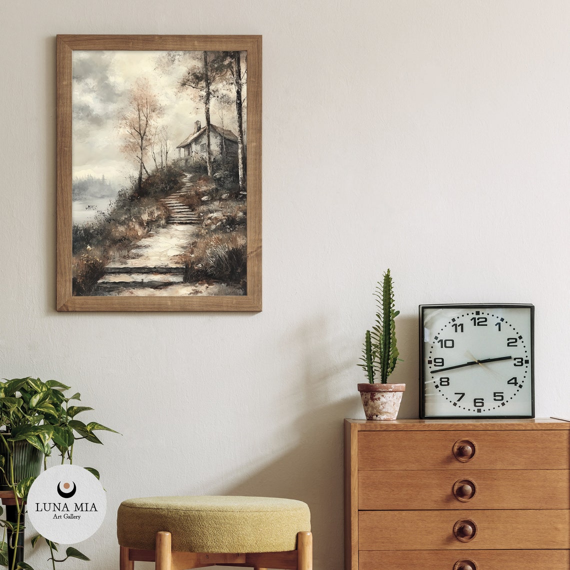 Quiet Sepia Cottage by Misty Lake With Stone Steps Art Poster - Image 3