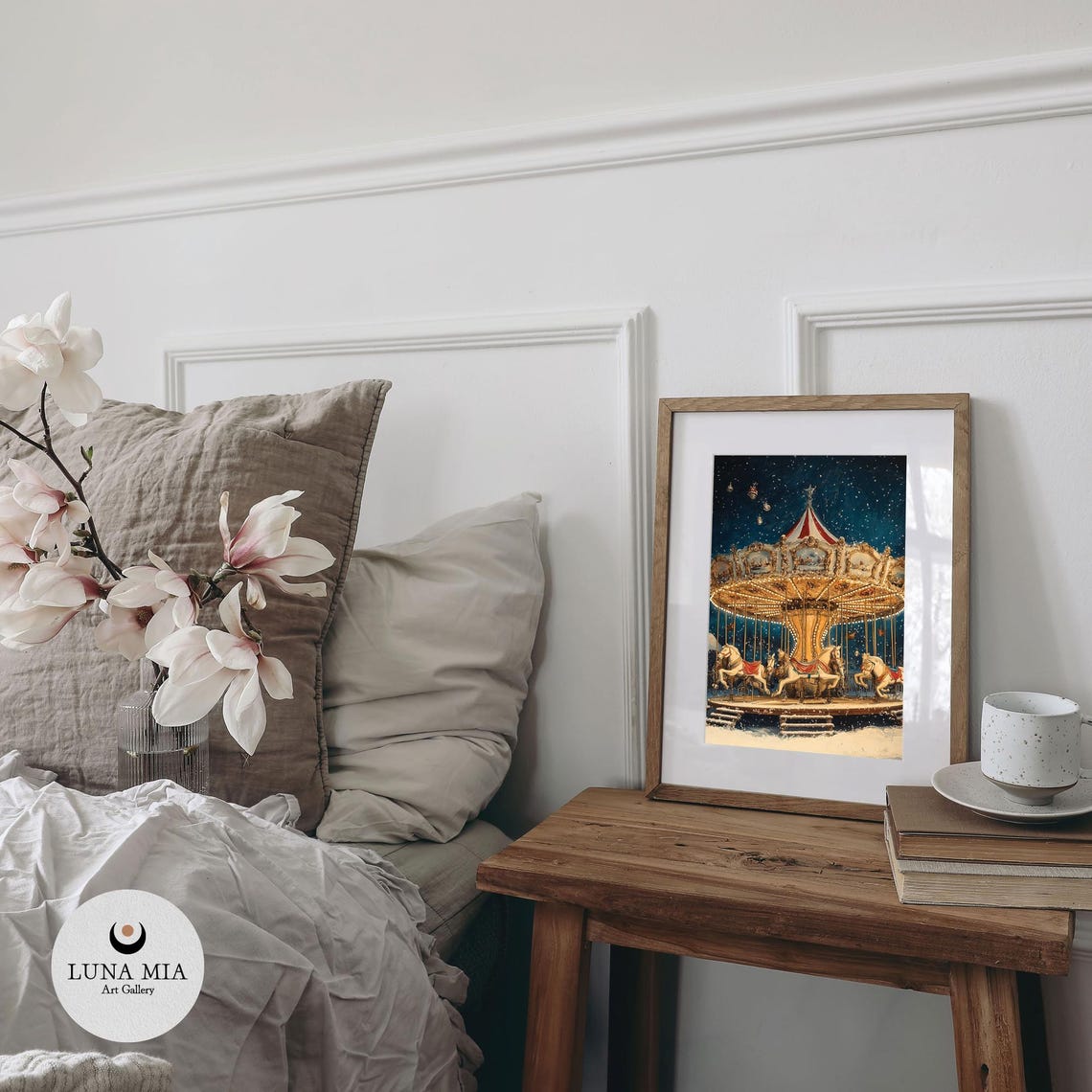 Vintage Christmas Carousel In Falling Snow Under A Starry Sky Poster - Image 2