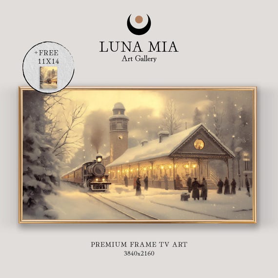 Warm Rustic Snowy Train Station Art For Tv Frame Festive Holiday Scene Home Decor