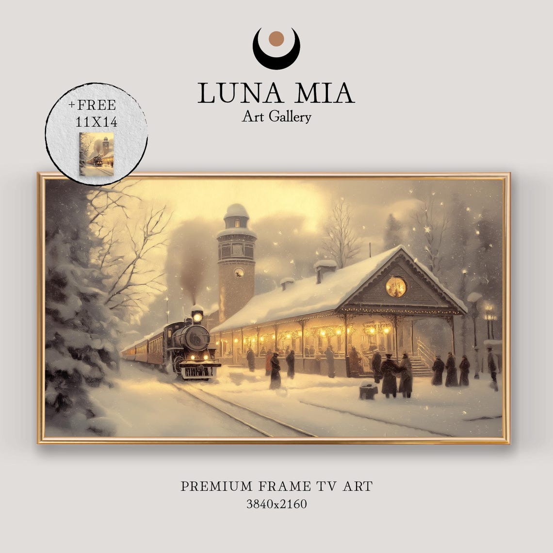 Warm Rustic Snowy Train Station Art For Tv Frame Festive Holiday Scene Home Decor