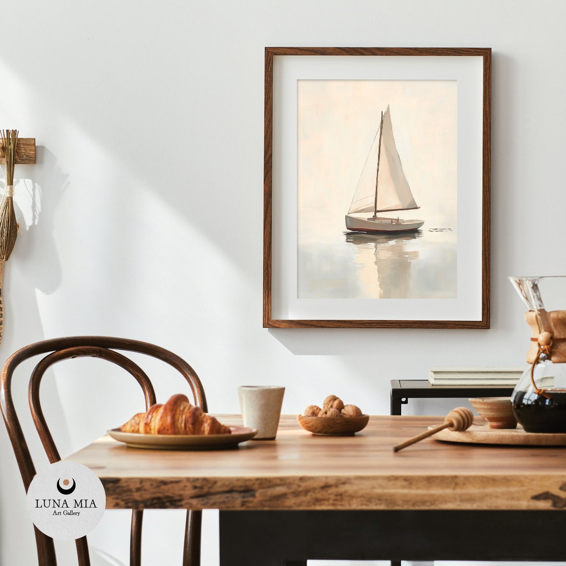 Minimalist White Sailboat Calm Sea Soft Beige Sailing Art Poster - Image 4
