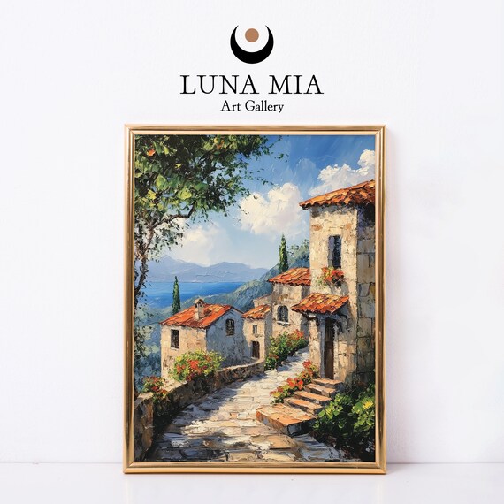 Mediterranean Village Street Sea View Impressionist Oil Poster