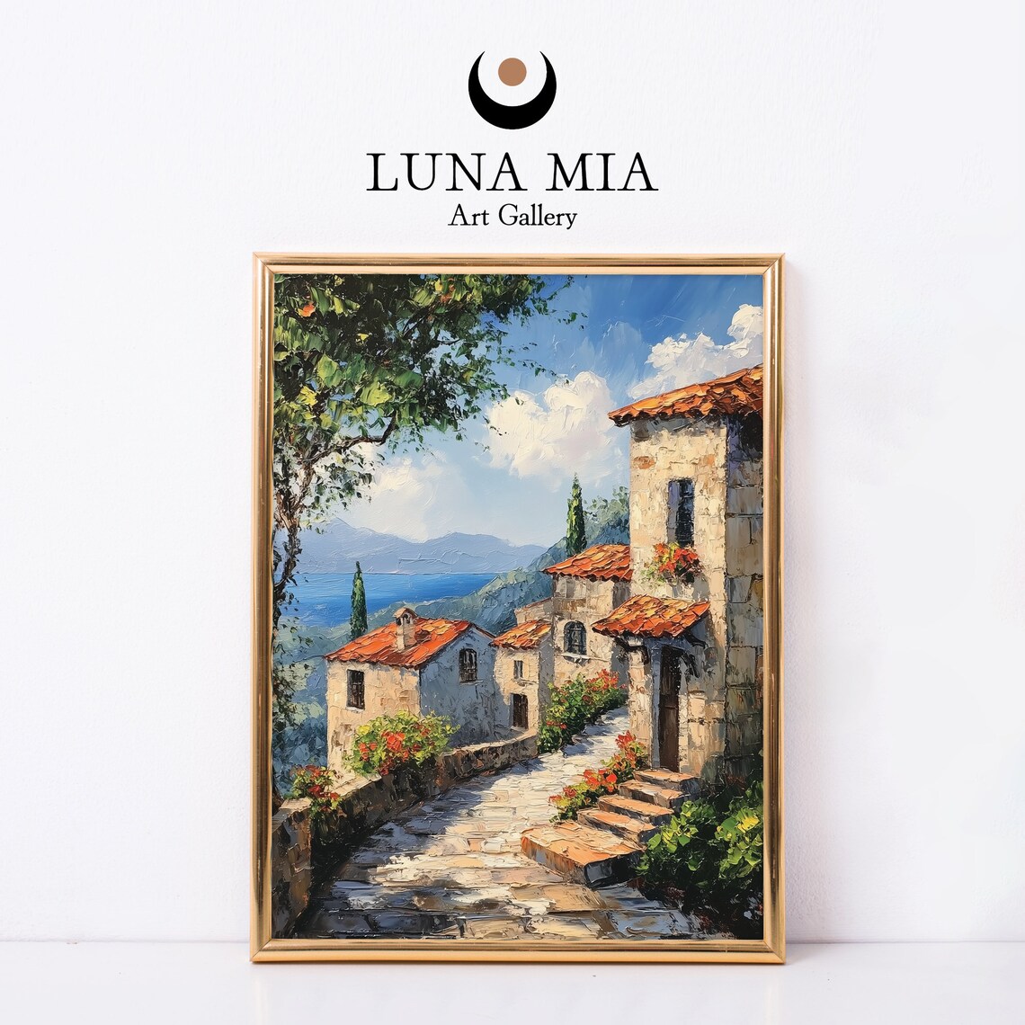 Mediterranean Village Street Sea View Impressionist Oil Poster
