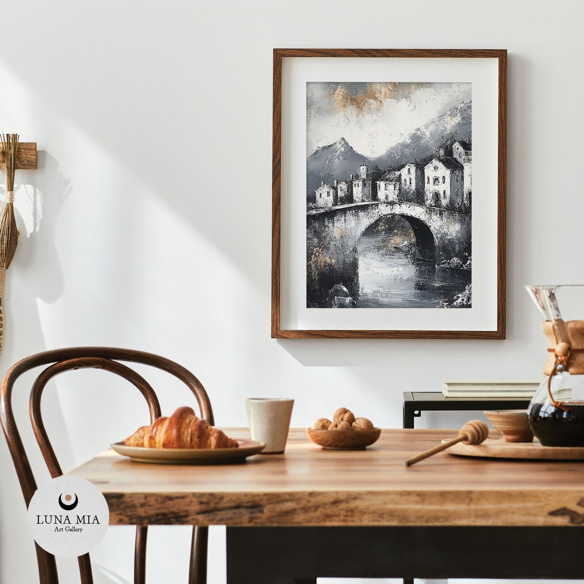 Timeless Black and White Village With Stone Bridge Art Poster - Image 4