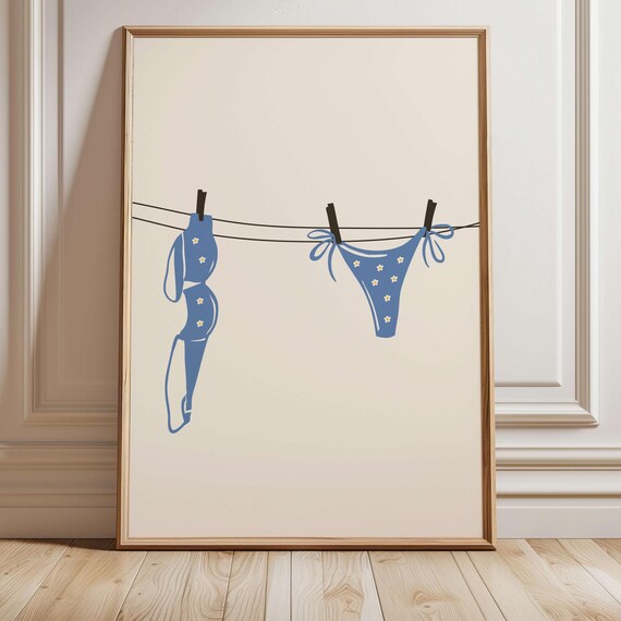 Blue Floral Bikini Hanging On A Clothesline Coastal Art Poster