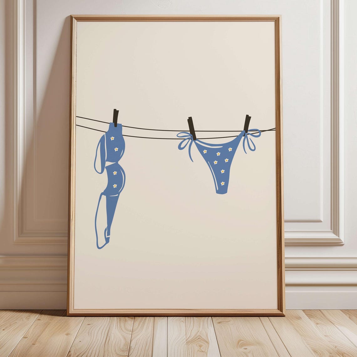 Blue Floral Bikini Hanging On A Clothesline Coastal Art Poster