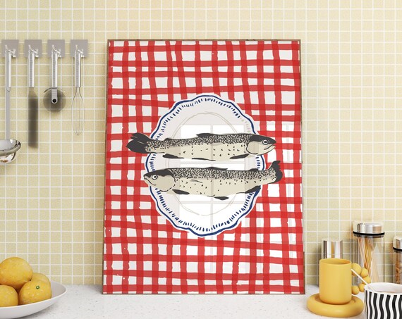 Sardines On Plate Over Red Gingham Check Retro Kitchen Food Art Poster