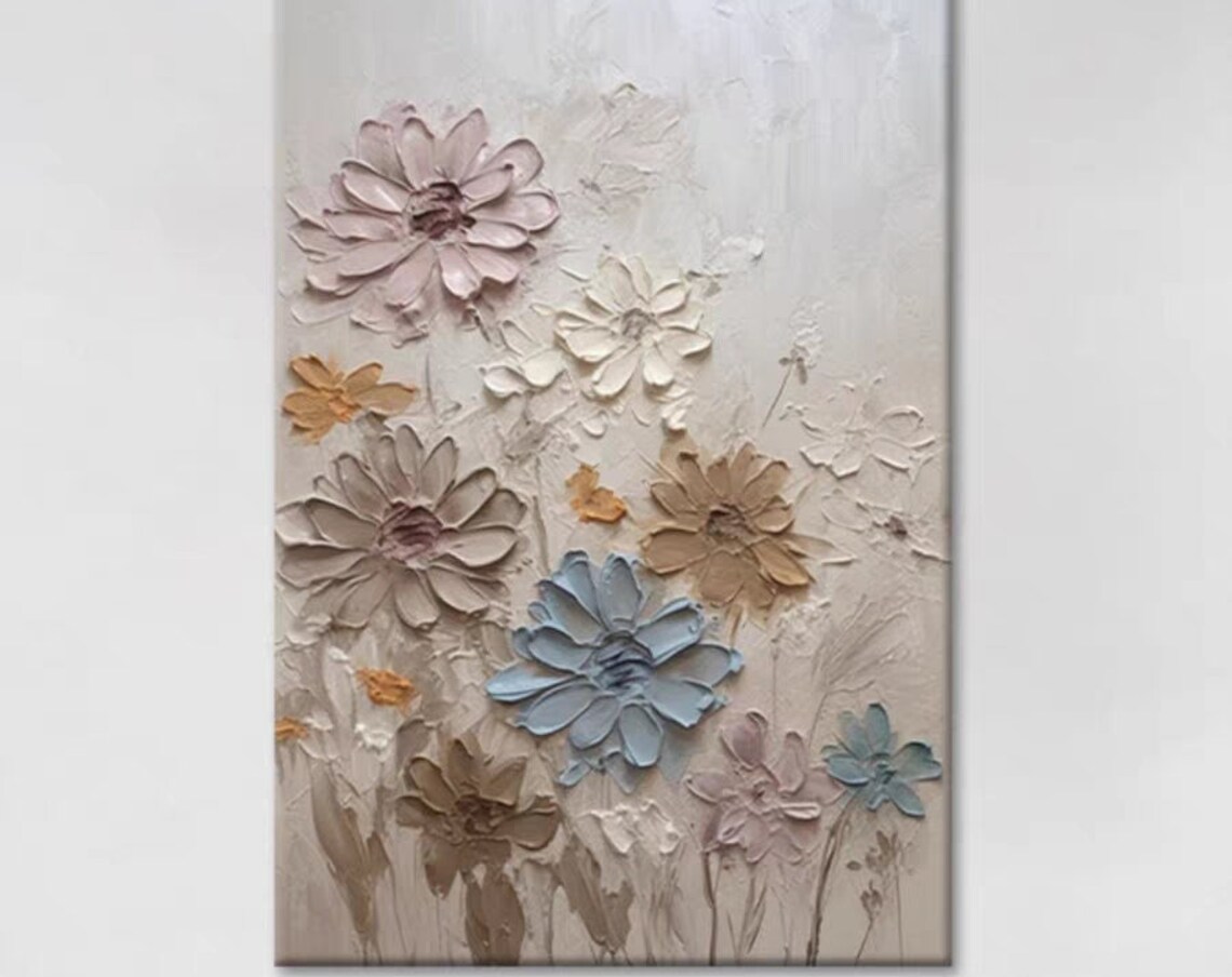 Neutral Sculpted Flowers Beige Blue Muted 3D Relief Floral Poster