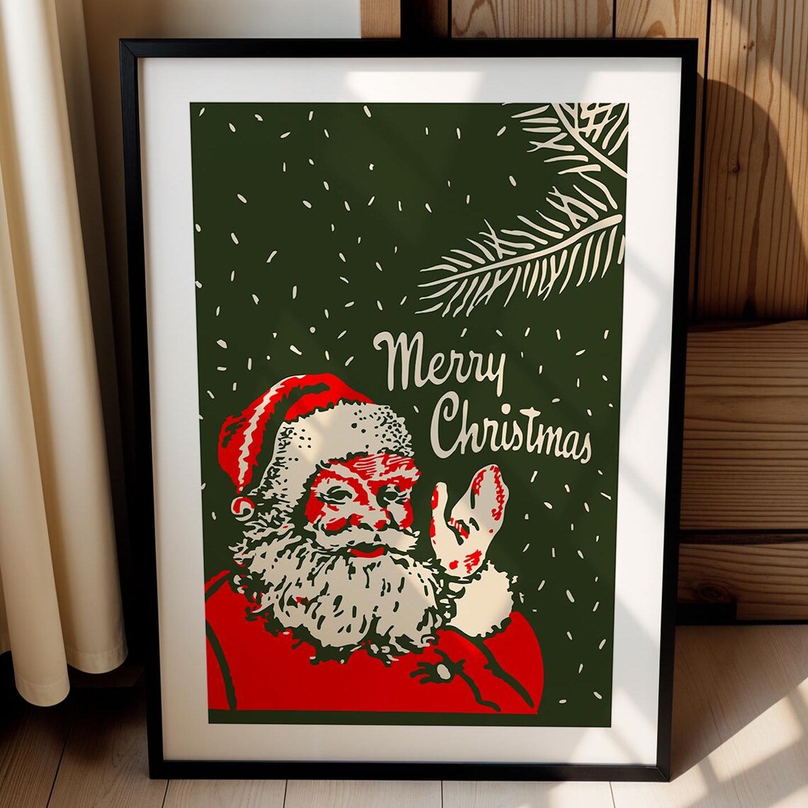 Merry Christmas Santa Claus Waving Vintage Holiday Retro Poster
