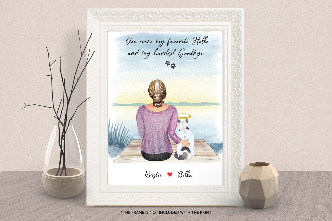 Personalized Cat Memorial Portrait Print on a Lakeside Dock Gift