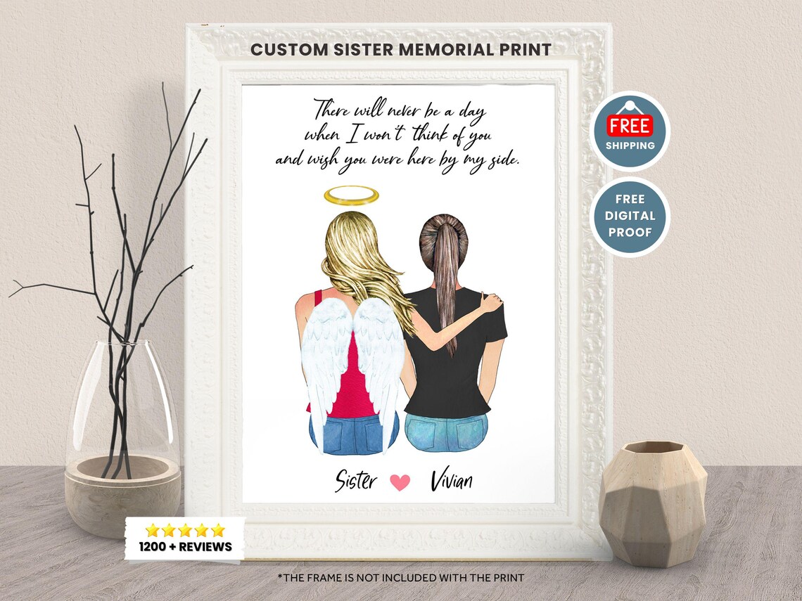 Custom Sister Memorial Print with Angel Wings Quote Remembrance Gift