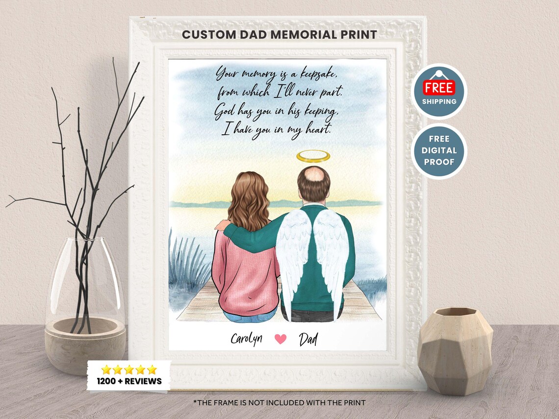 Custom Dad Memorial Angel Wings Portrait Print Gift for Daughter