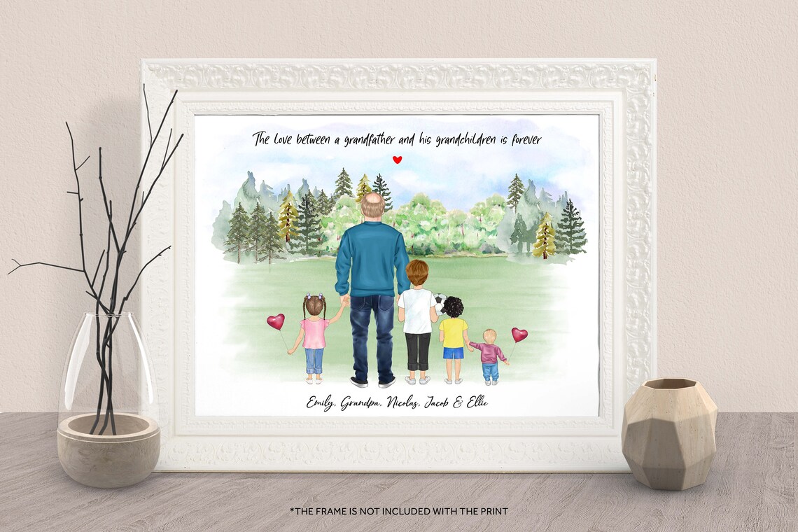 Grandfather With Grandchildren Forever Love Watercolor Family Print