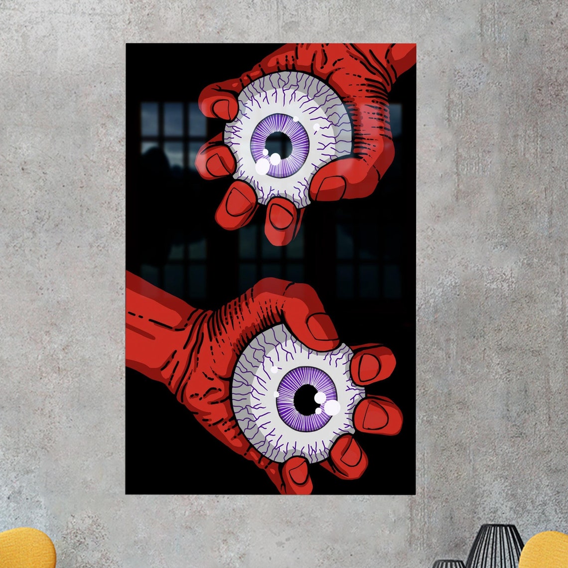 Giant Eyeballs Held by Red Hands Surreal Horror Pop Art Poster