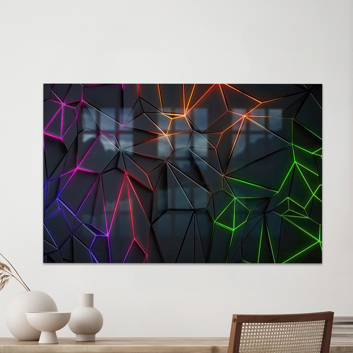 Neon Geometric Polygon Lines Black Background Modern Tech Art Poster