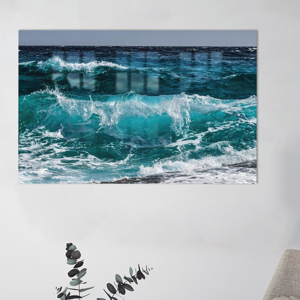 Turquoise Ocean Waves Crashing Powerful Sea Photography Style Wall Art