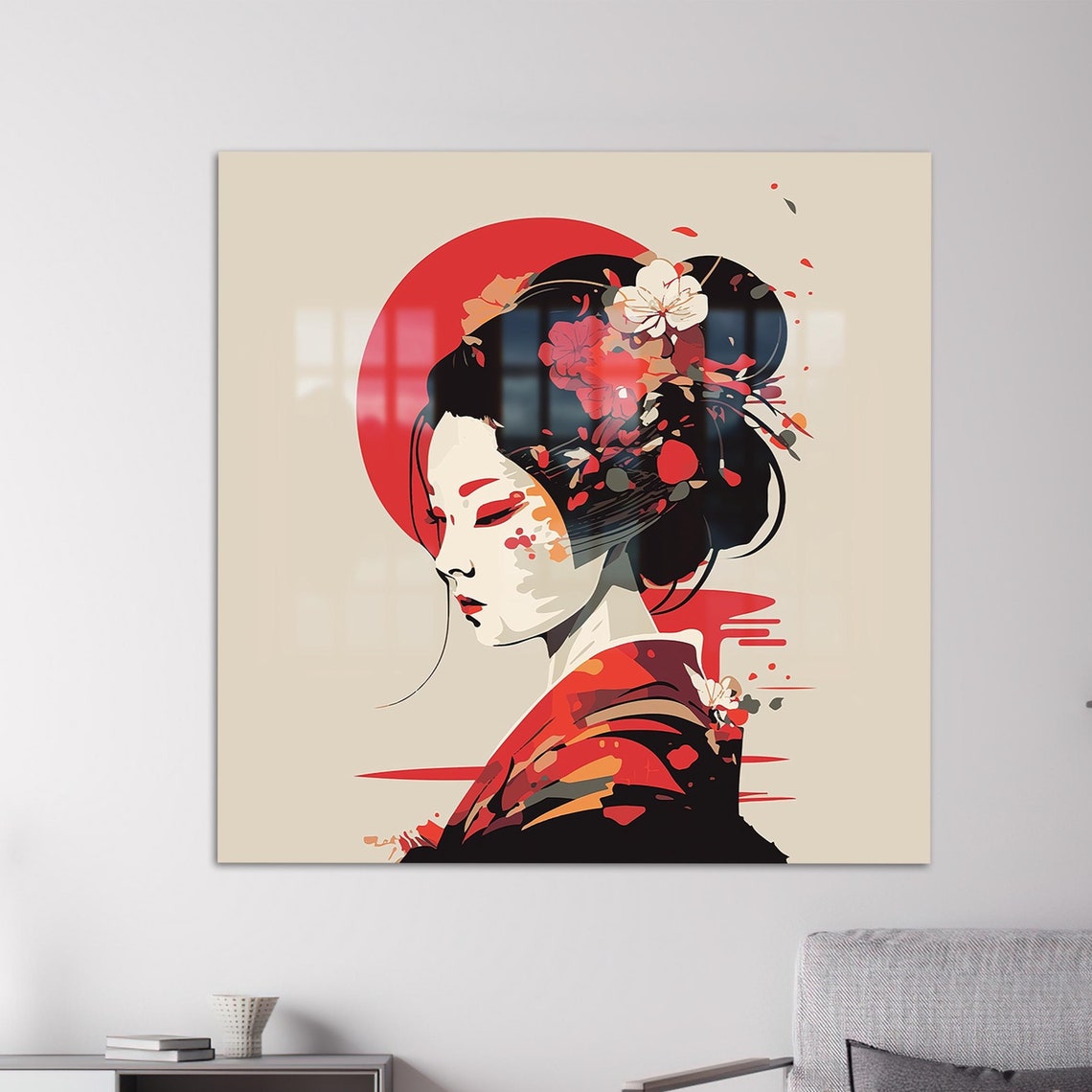 Japanese Geisha Profile Red Sun Kimono Floral Modern Art Poster