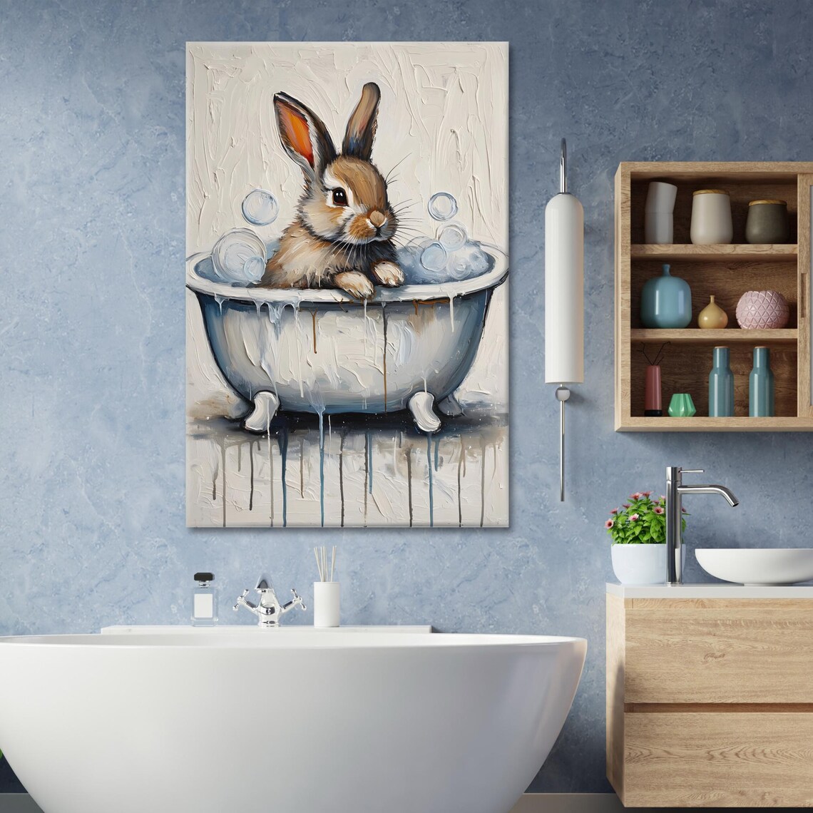 Whimsical Rabbit In Bathtub, Home Decor Art Print