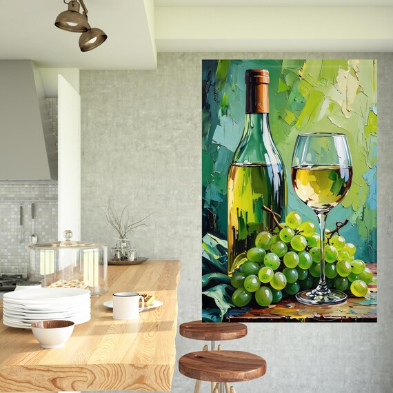 Vibrant Impressionist Wine Bottle and Green Grapes Still Life Poster