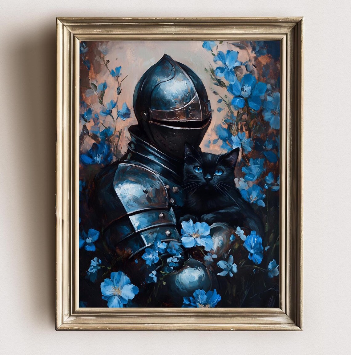 Knight In Armor Cradling Black Cat Blue Flowers Sunset Fantasy Pet Portrait Print - Image 3