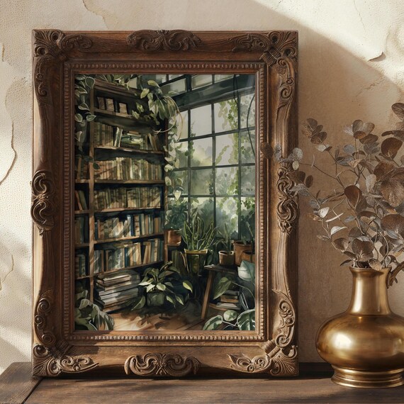 Dark Academia Library And Plants Art Print Moody Enchanting Literature Dark Romantic Victorian Vintage Library Foliage Nostalgic Art