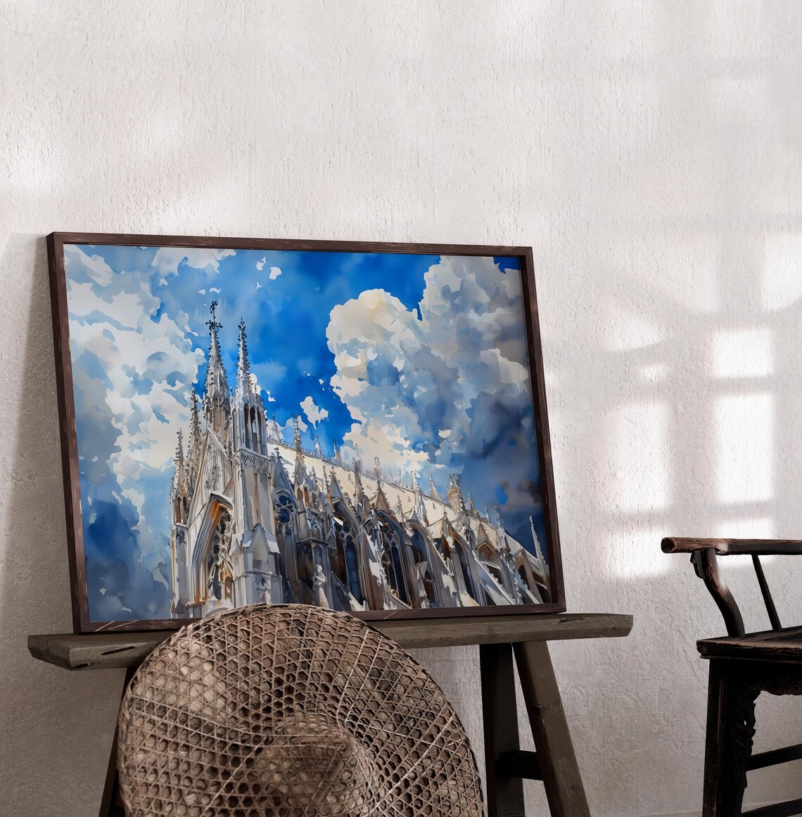 White Gothic Cathedral Twin Spires Dramatic Blue Sky Watercolor Poster - Image 2