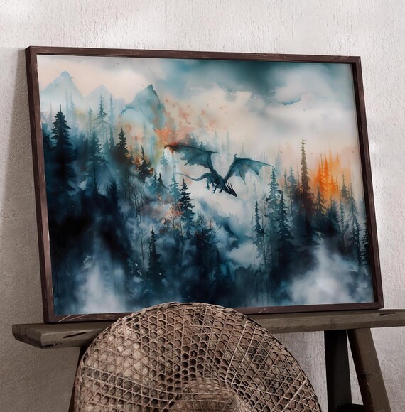 Forest Dragon Watercolor Art Horizontal Poster Print Fantasy Art Forest And A Dragon Fantasy Painting Watercolor Illustration Dark Academia