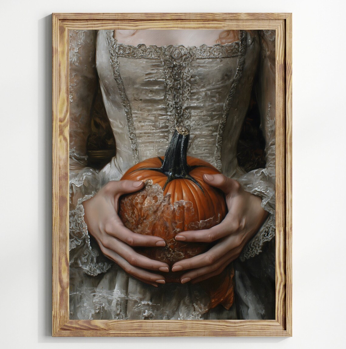 Victorian Woman Holding Pumpkin Dark Moody Halloween Autumn Art Print