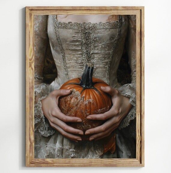 Victorian Woman Holding Pumpkin Dark Moody Halloween Autumn Art Print