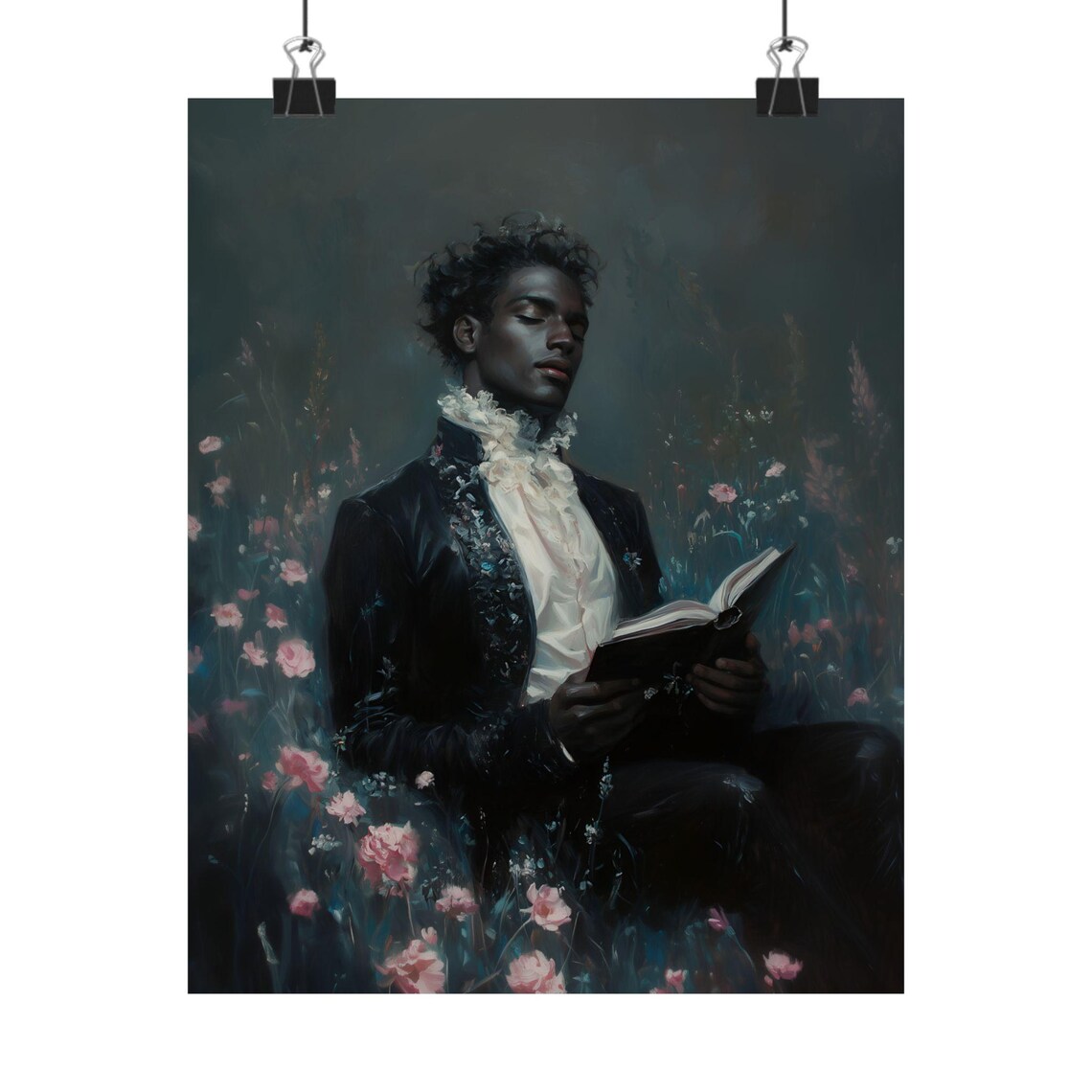 Elegant Gentleman Reading In Dark Pink Flower Field Victorian Bookish Poster - Image 2