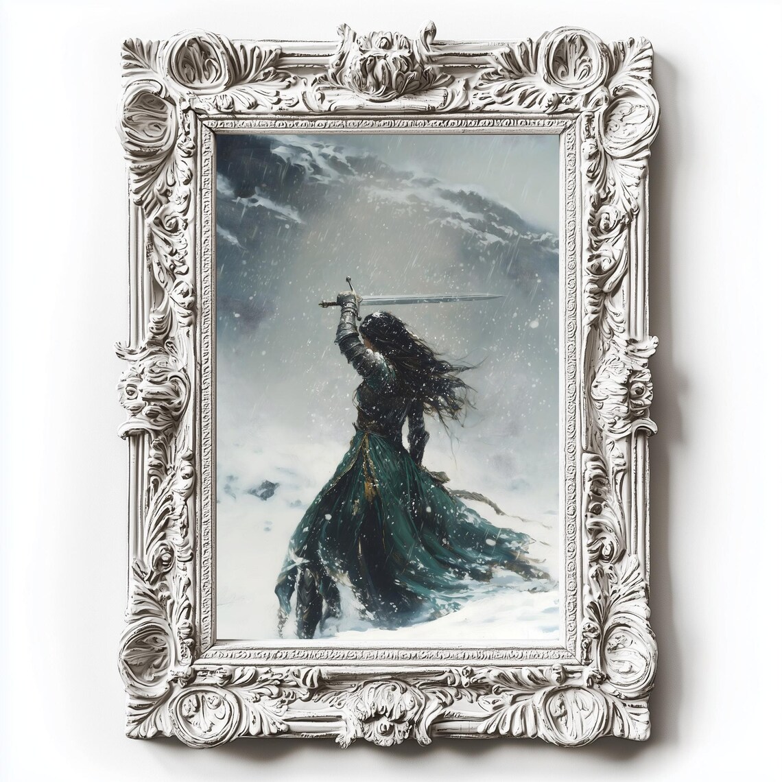 Female Knight Raising Sword Overhead Snowstorm Mountain Winter Poster - Image 2