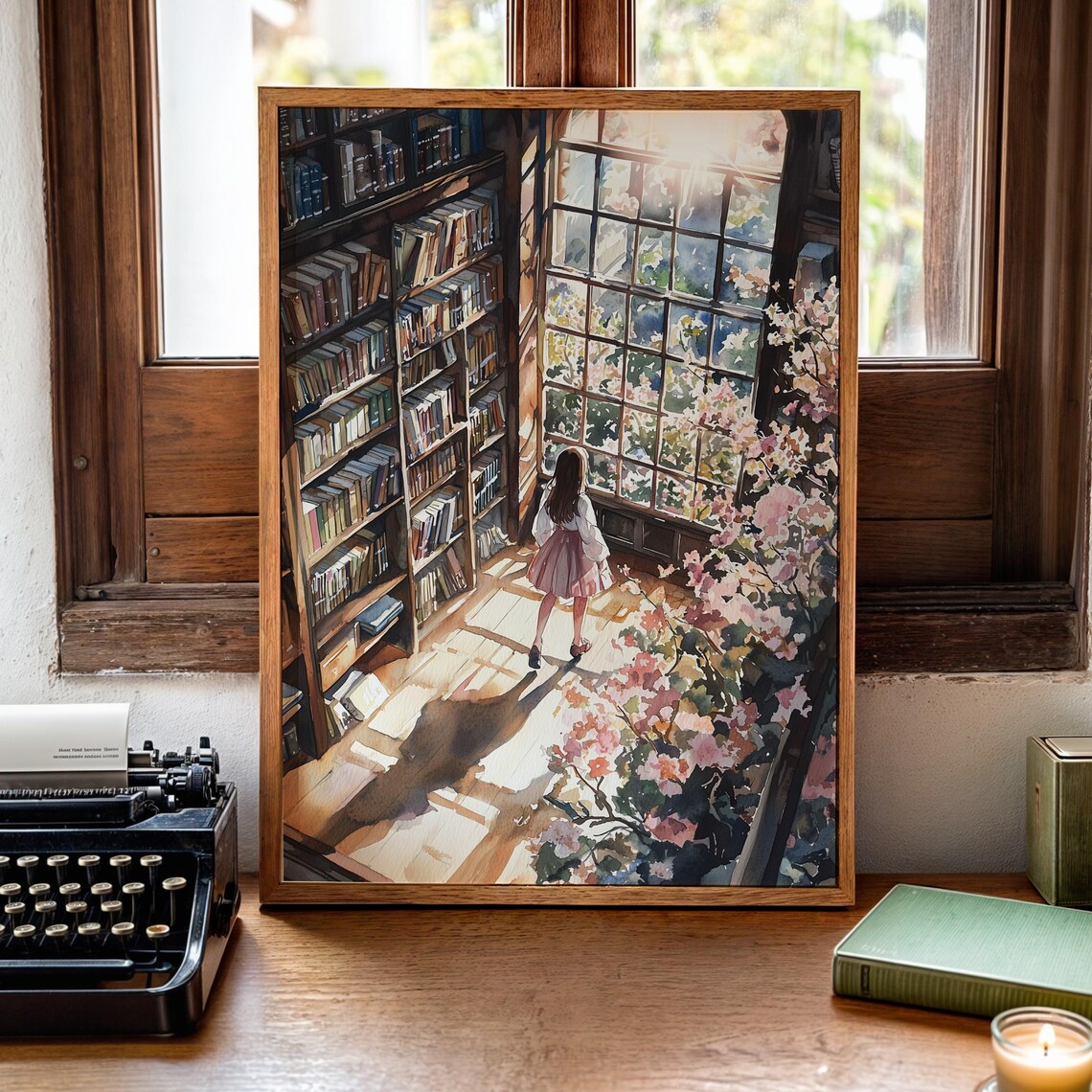 Anime Girl Tall Bookshelves Cherry Blossom Window Art Poster - Image 2