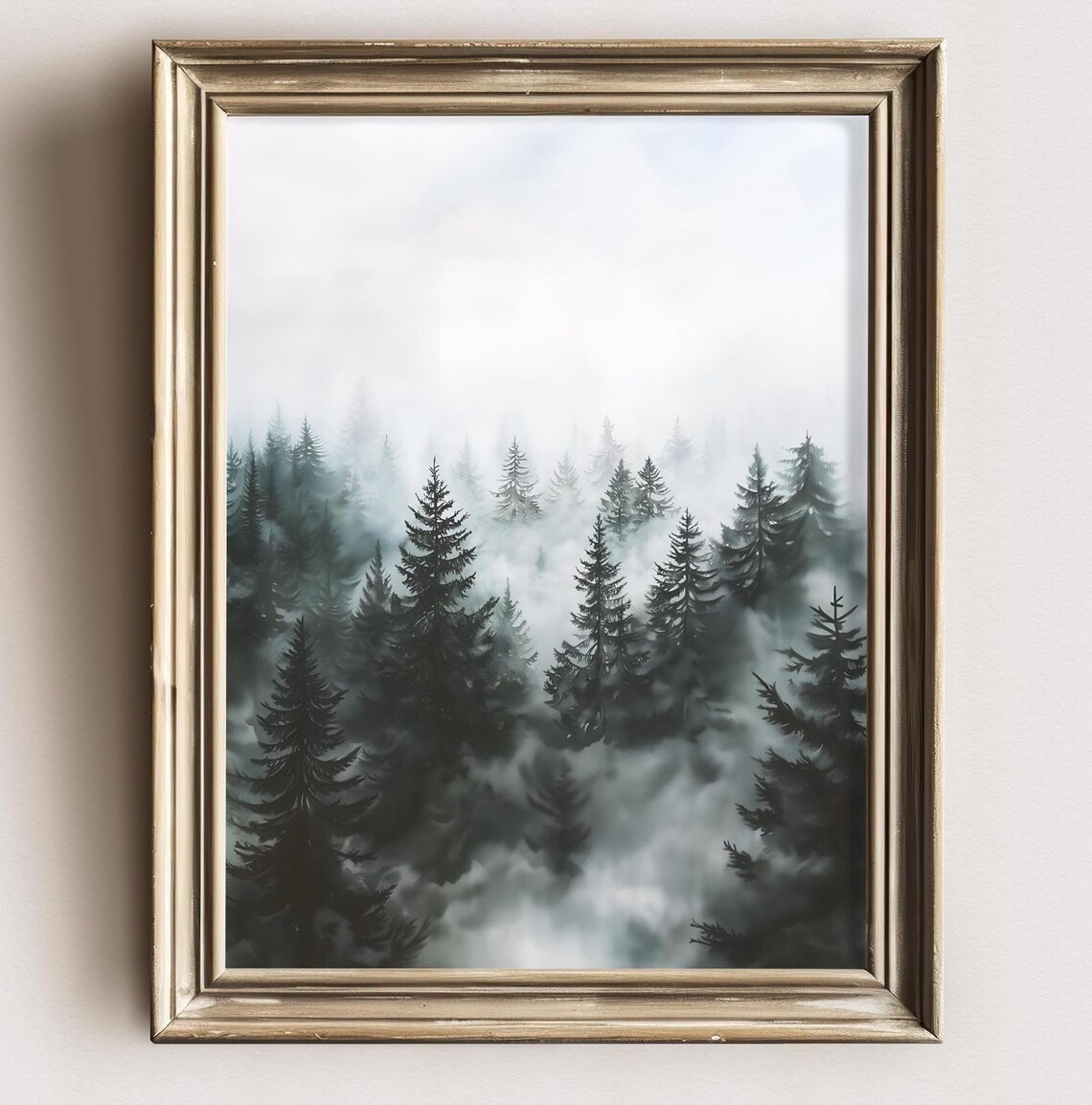 Monochrome Misty Pine Forest Black And White Foggy Woodland Art Print - Image 3
